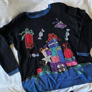 Vintage Beaded Festive Black Sweater with Gift Design